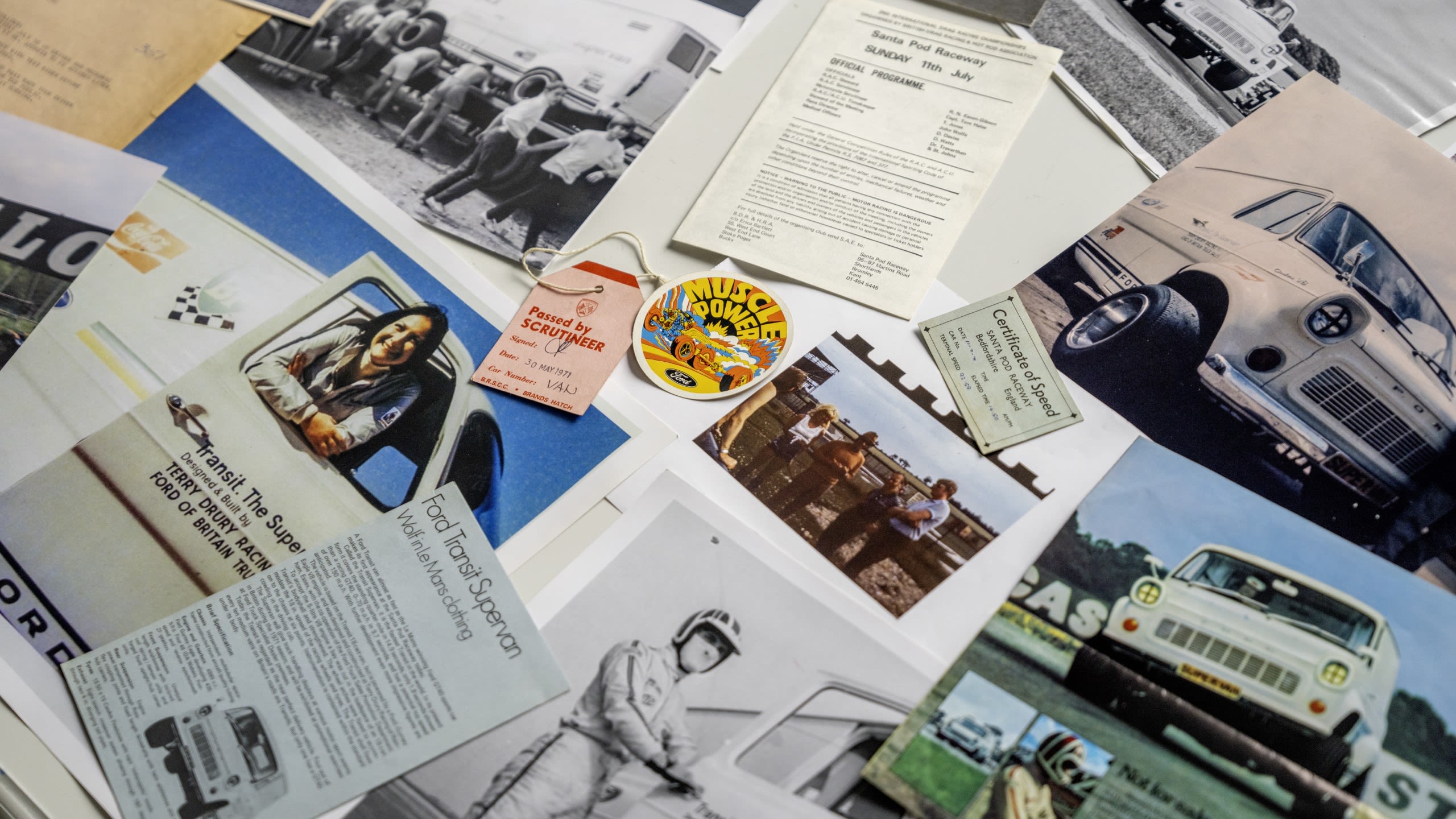 A retro-look collage of old flyers, Ford stickers and articles about Supervan