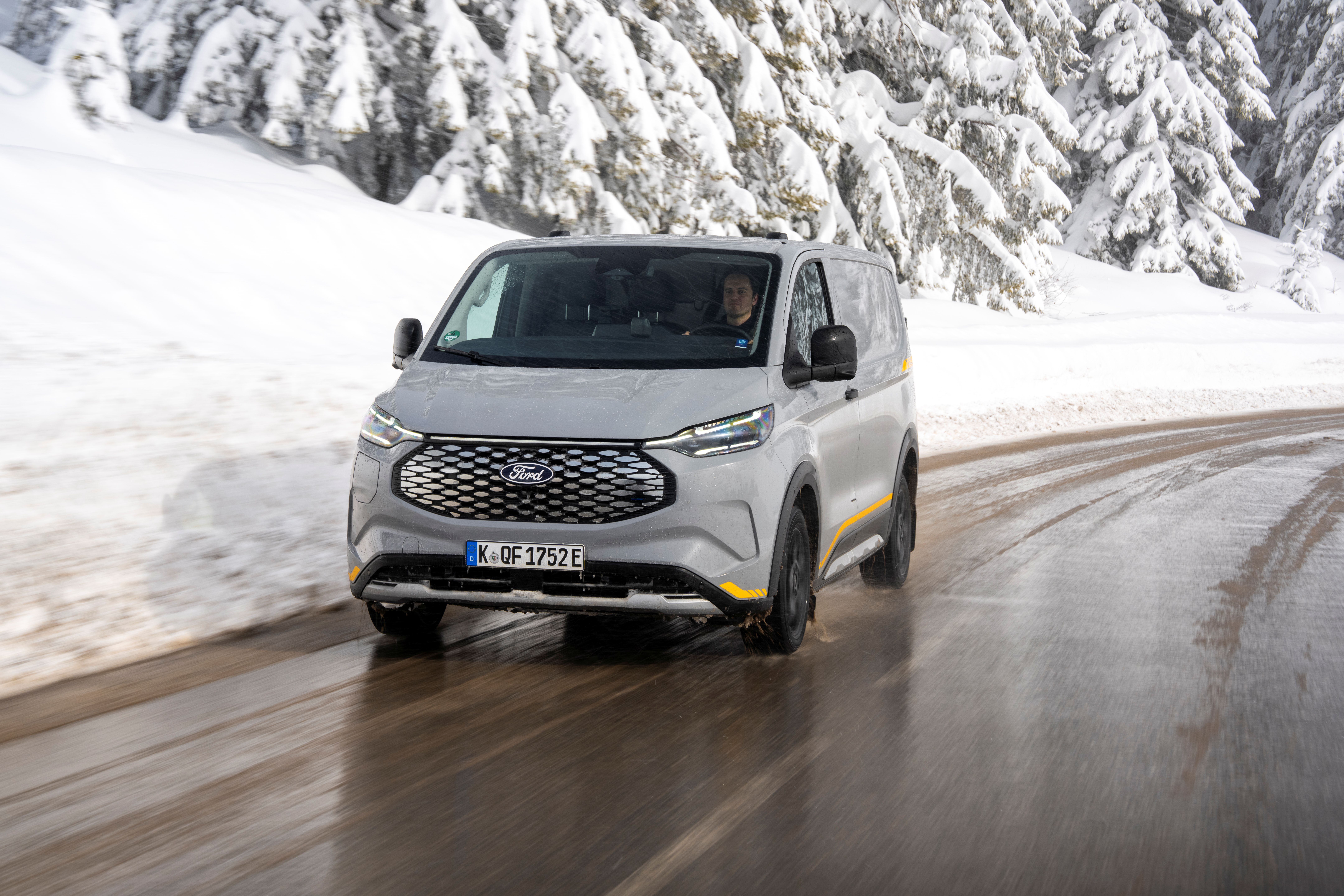 The electric E-Transit Custom Trail AWD at the Ice Drive Experience in Flaine, France. 