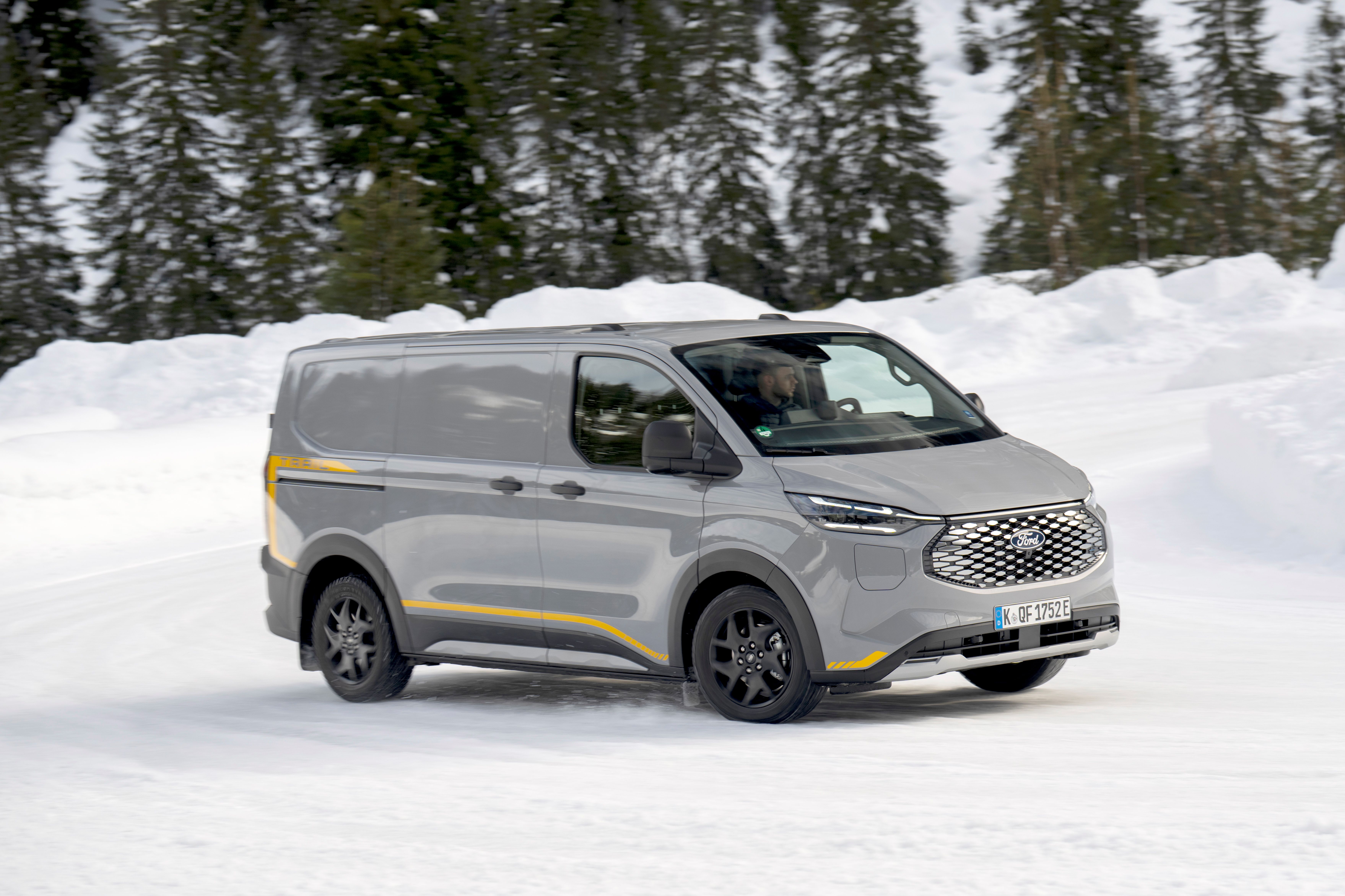 The electric E-Transit Custom Trail AWD at the Ice Drive Experience in Flaine, France. 