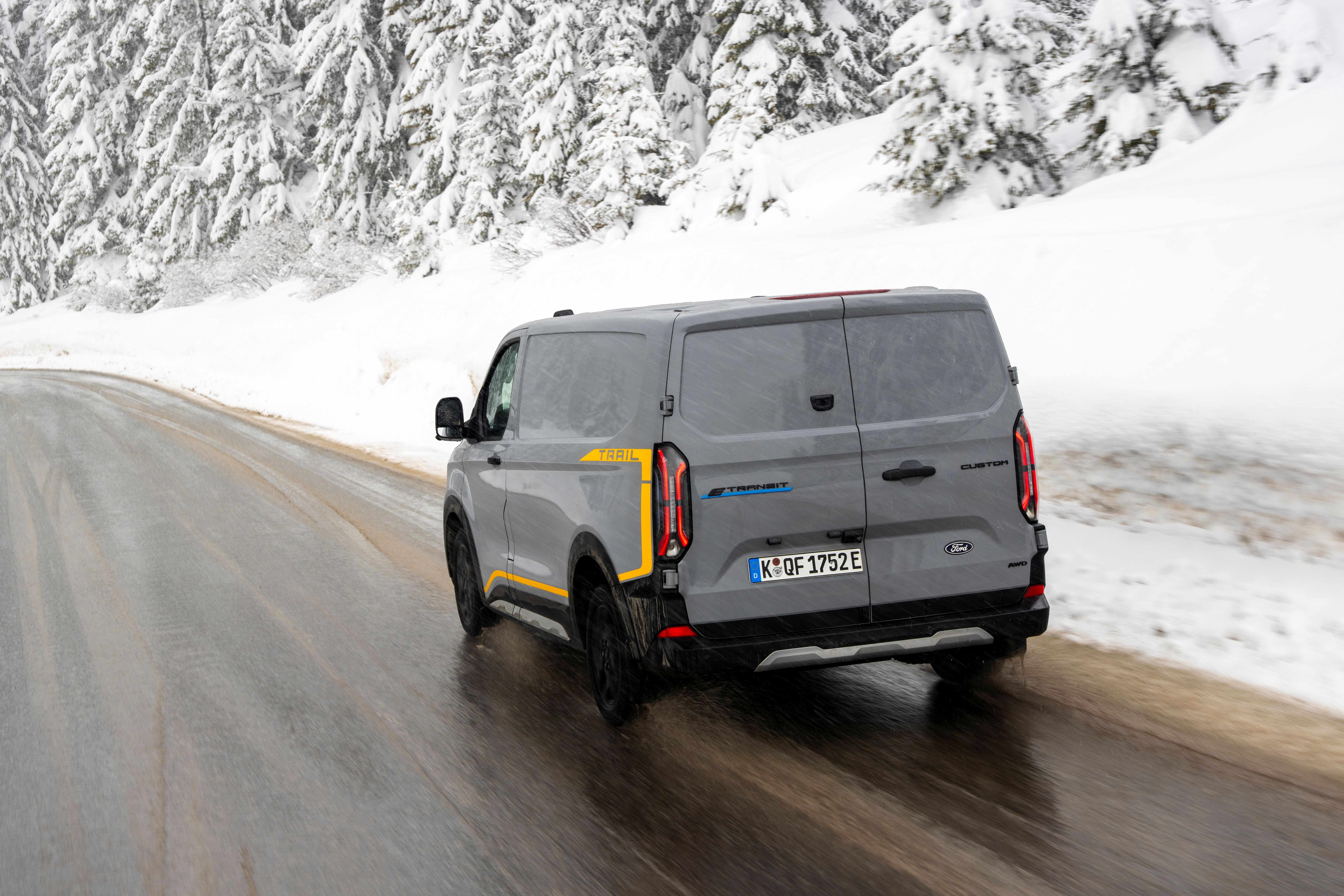 The electric E-Transit Custom Trail AWD at the Ice Drive Experience in Flaine, France. 