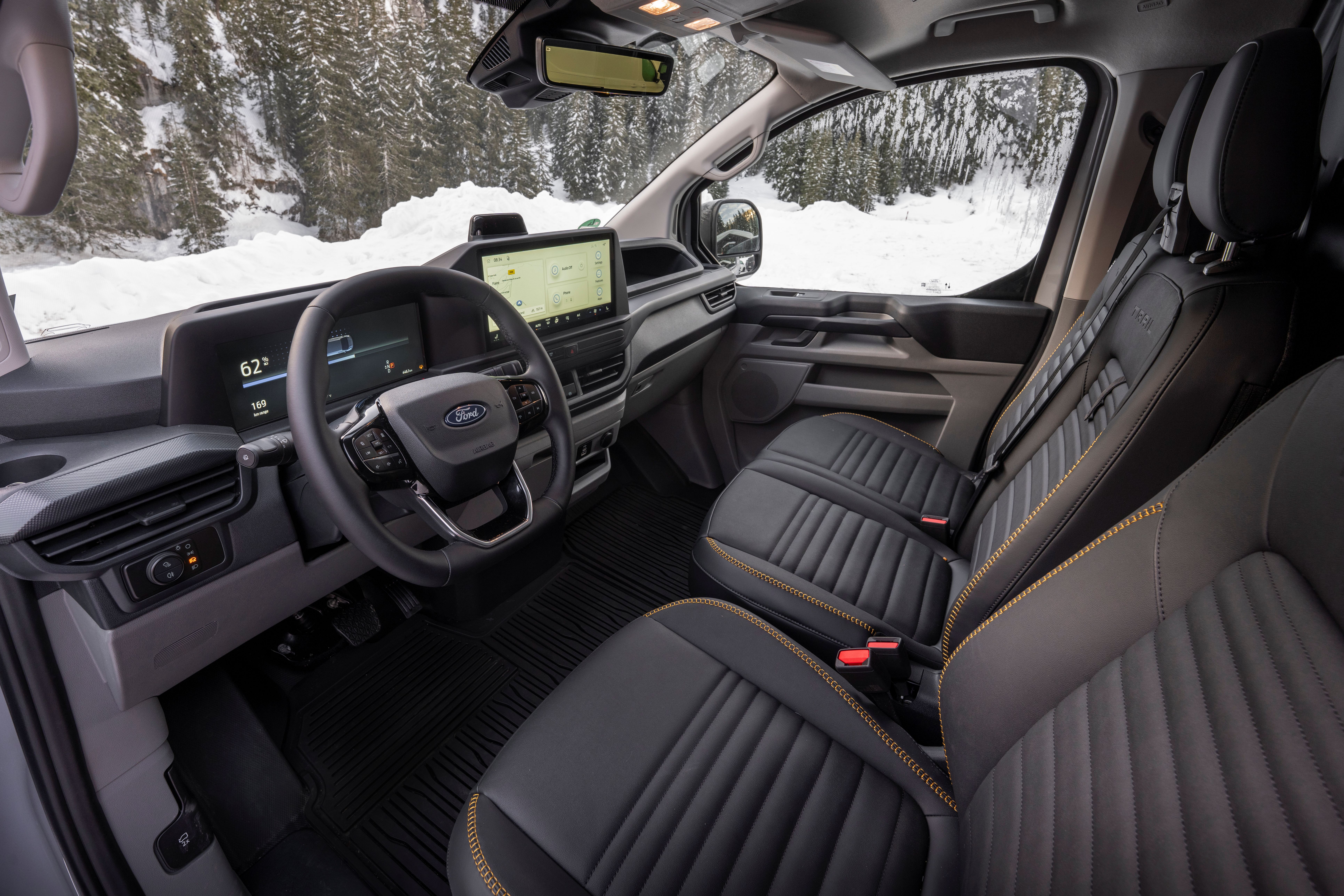 A standard heat pump and available heated seat and steering wheel help keep electric E-Transit Custom AWD drivers warm even in chilly conditions.