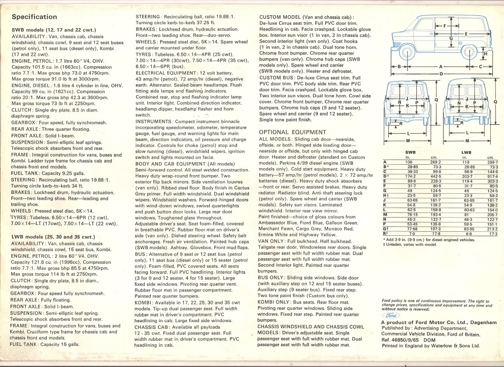 1965 Ford Transit Mk1 brochure from Ford of Britain. Use the Download Images button below to view text clearly. License valid for earned editorial, press releases, press kits. All non-broadcast digital and online media Region: Global. This content is solely for editorial use and for providing individual users with information. Any storage in databases, or any distribution to third parties within the scope of commercial use, or for commercial use is permitted with written consent from Ford in Europe GmbH only.