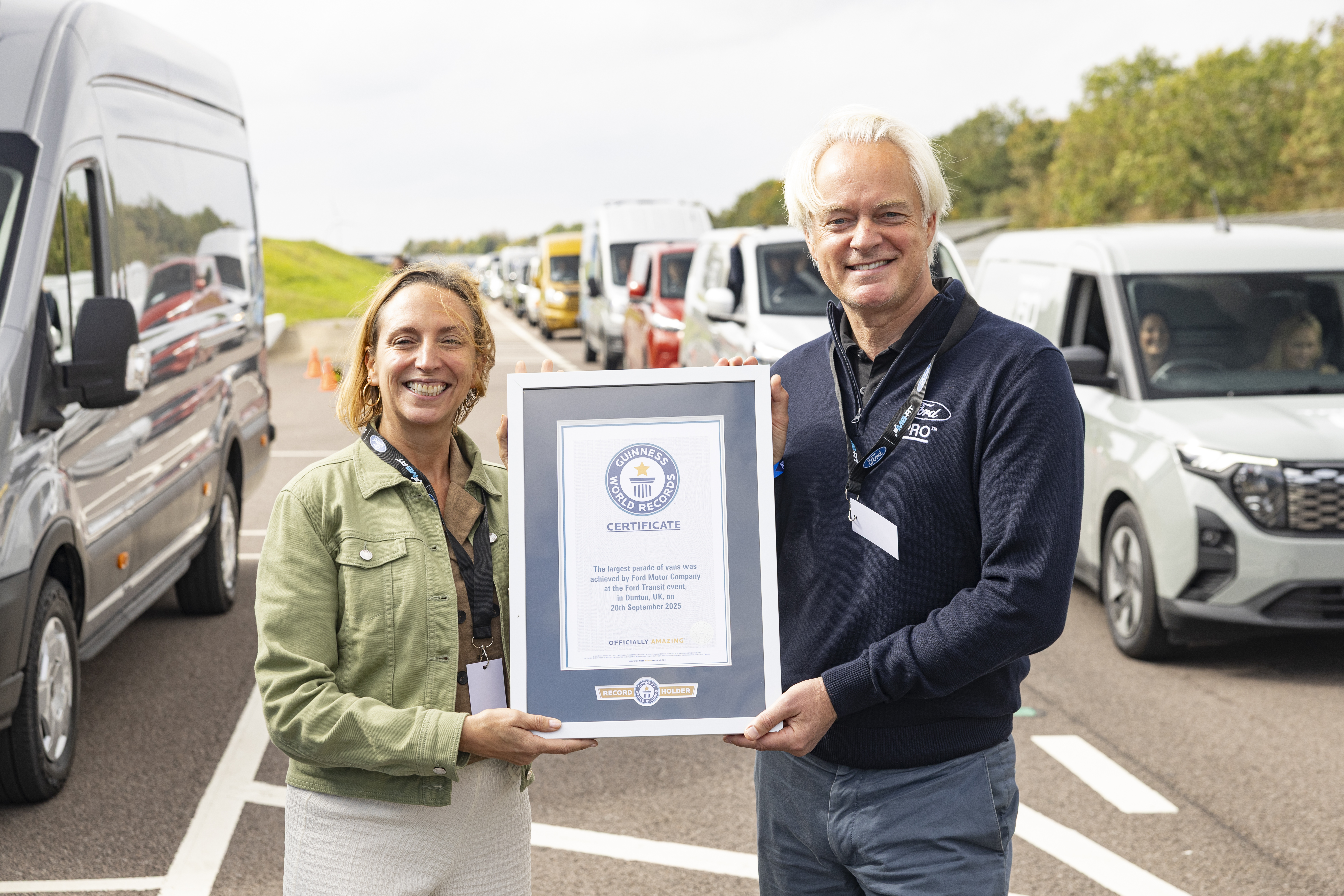 Mandy Dean, Commercial Vehicle director, Ford of Britain and Ireland (l), and Hans Schep, general manager, Ford Pro, Europe (r), with the GUINNESS WORLD RECORDS title certificate for the Largest Parade of Vans. License valid for earned editorial, press releases, press kits. All non-broadcast digital and online media Region: Global. This content is solely for editorial use and for providing individual users with information. Any storage in databases, or any distribution to third parties within the scope of commercial use, or for commercial use is permitted with written consent from Ford in Europe GmbH only.