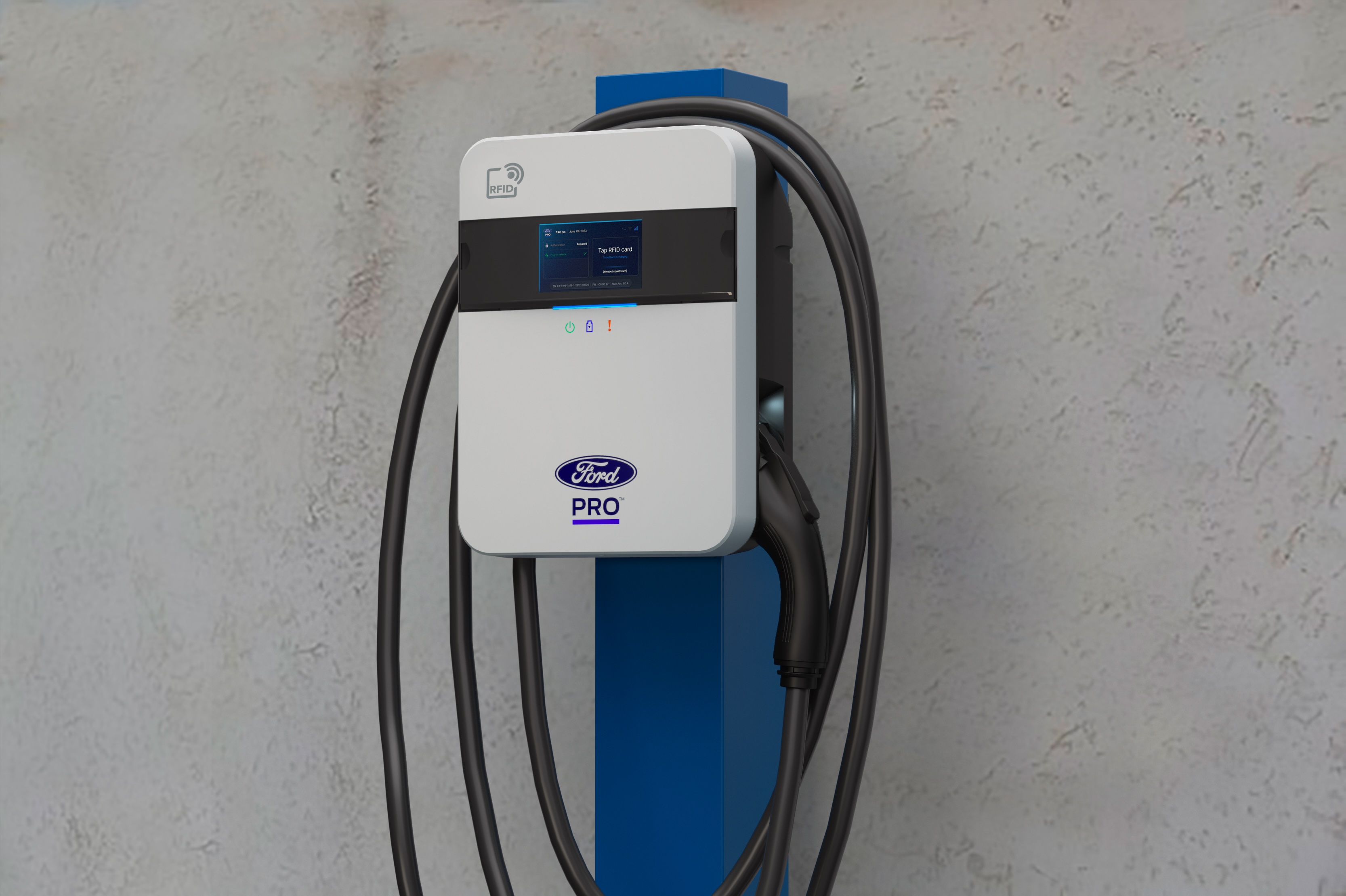 Ford Pro™ AC Charging Station 48A mounted on a wall.