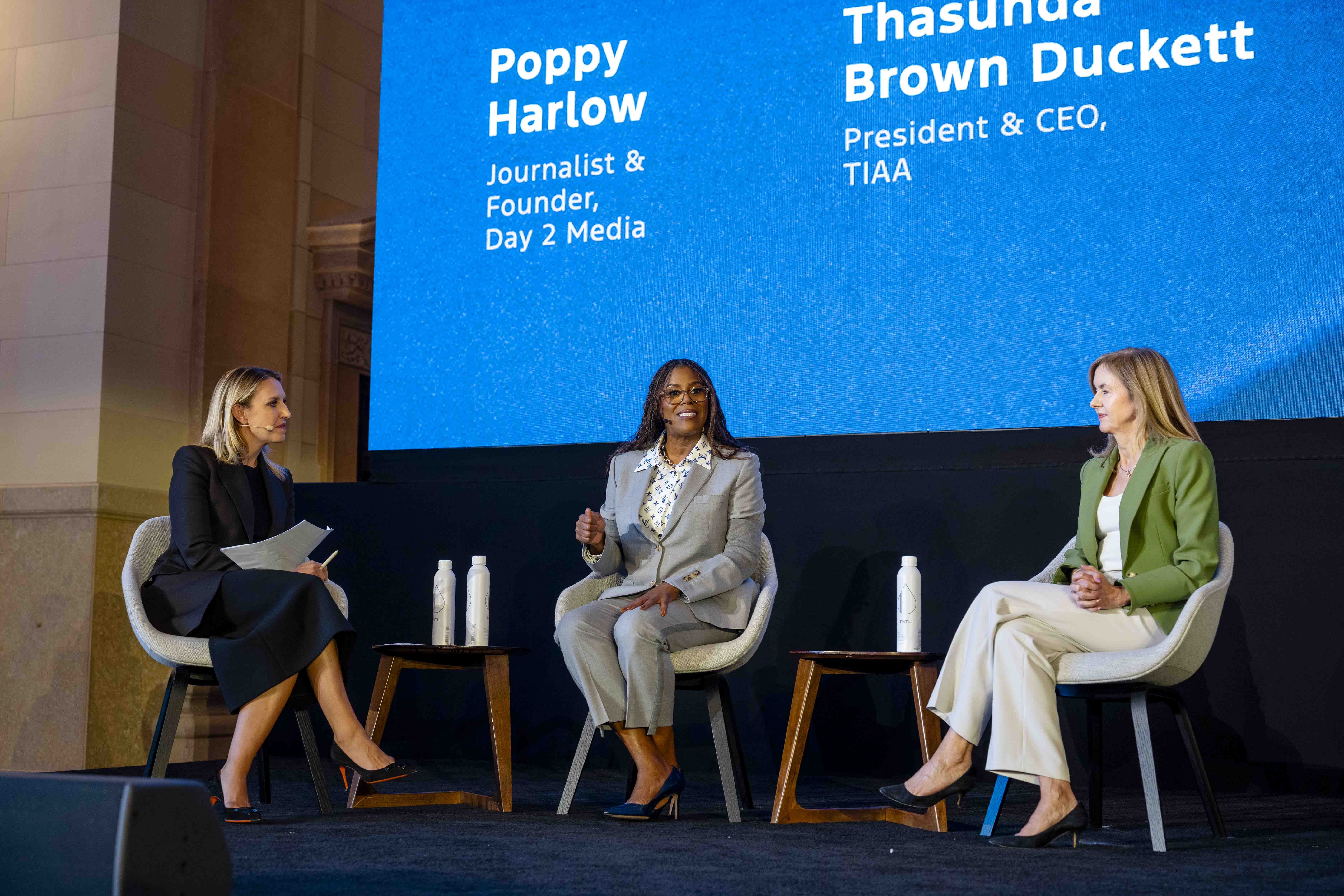 Journalist Poppy Harlow led Thasunda Brown Duckett, President & CEO of TIAA, and Cathy O'Callaghan, President & CEO of Ford Credit, in conversation on Sept. 30 at the Ford Pro Accelerate event.