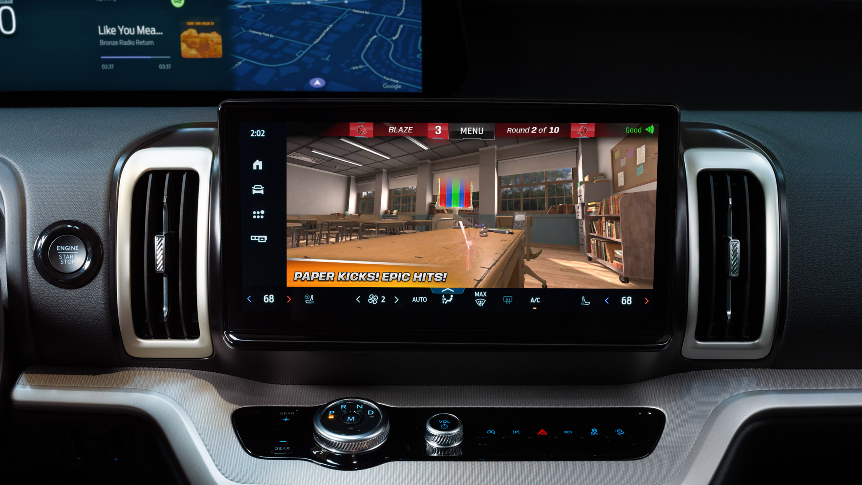 A digital shuffleboard game appears on the dashboard of a Ford vehicle.