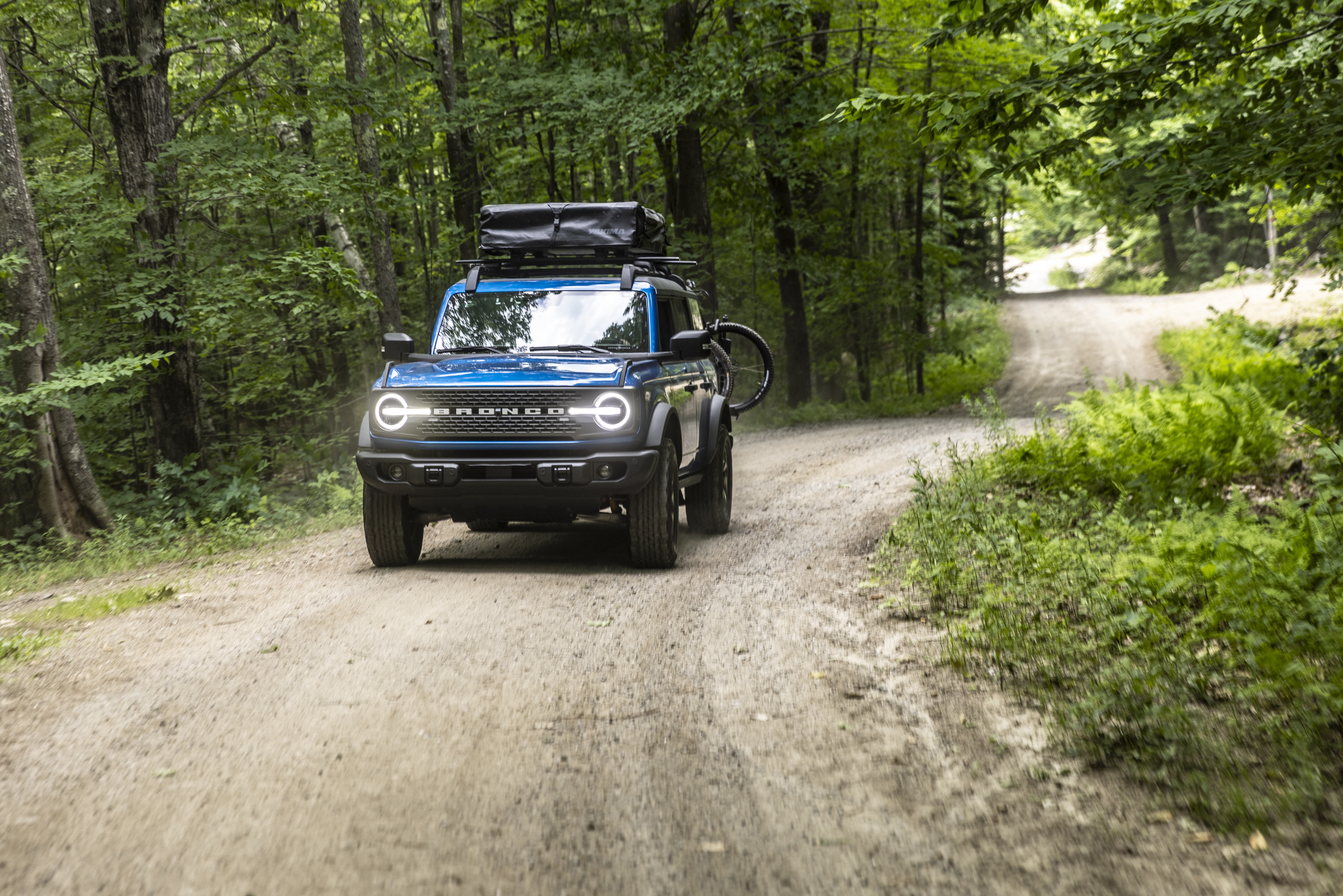 A blue Ford bronco with a bicycle on the back drives down a dirt road in a wooded area.