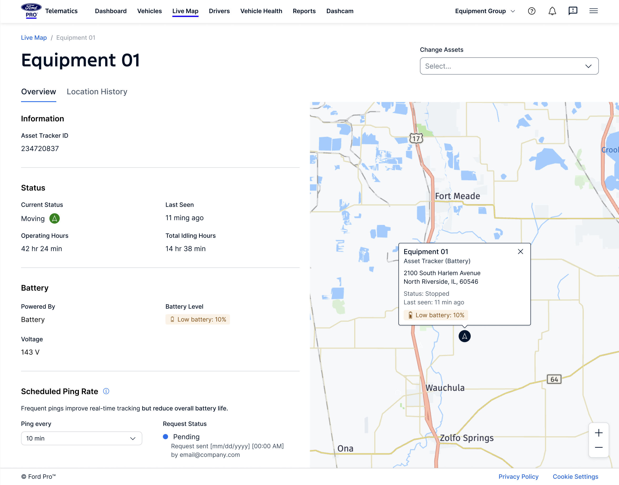 Ford Pro Telematics with Asset Tracker software Live Map shown.
