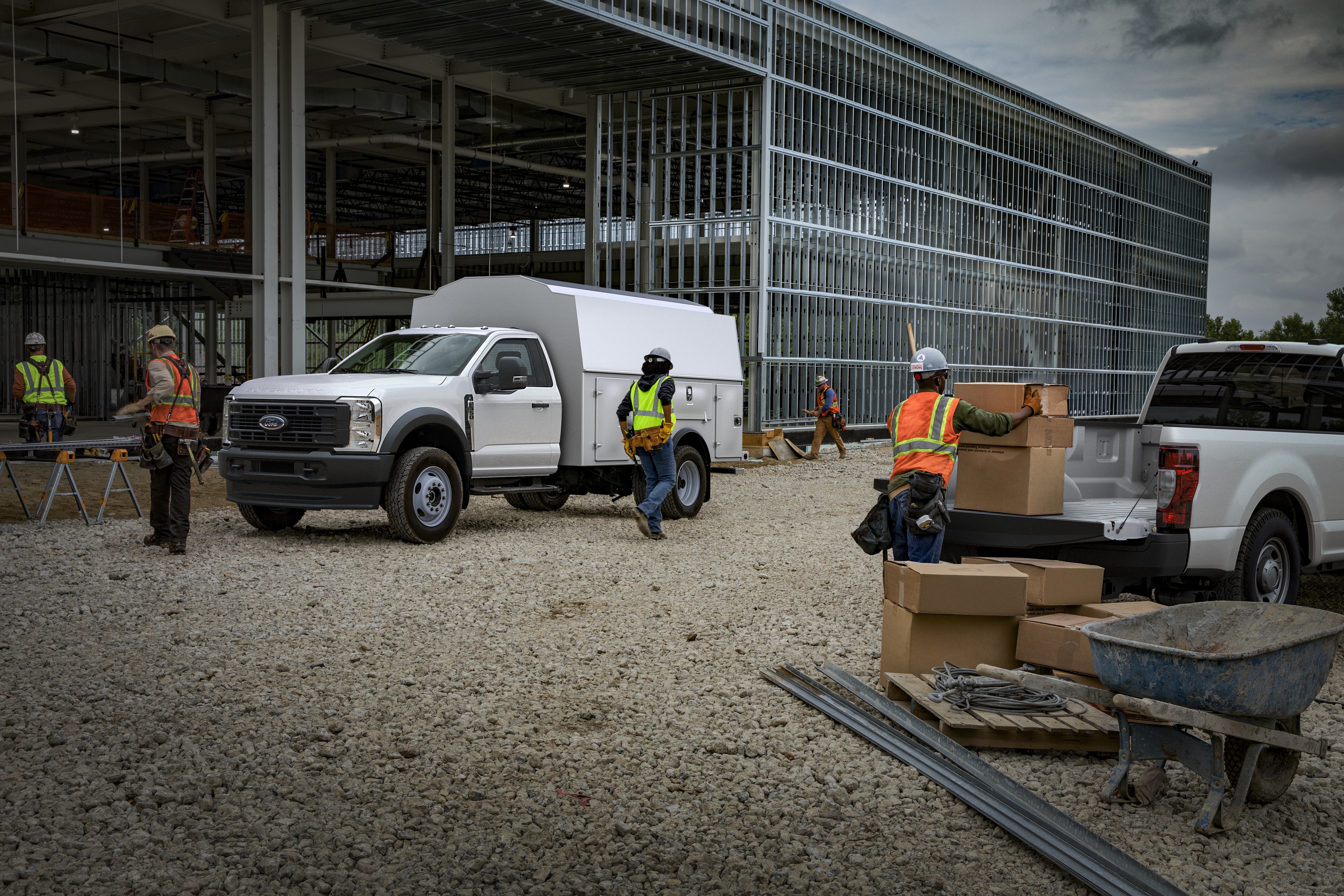 Ford Pro is creating an open marketplace between upfitters and vehicle owners with the launch of LocateFordWorkTrucks.com. Shown is an upfitted 2025 F-550 Super Duty® Chassis Cab XL on a work site.