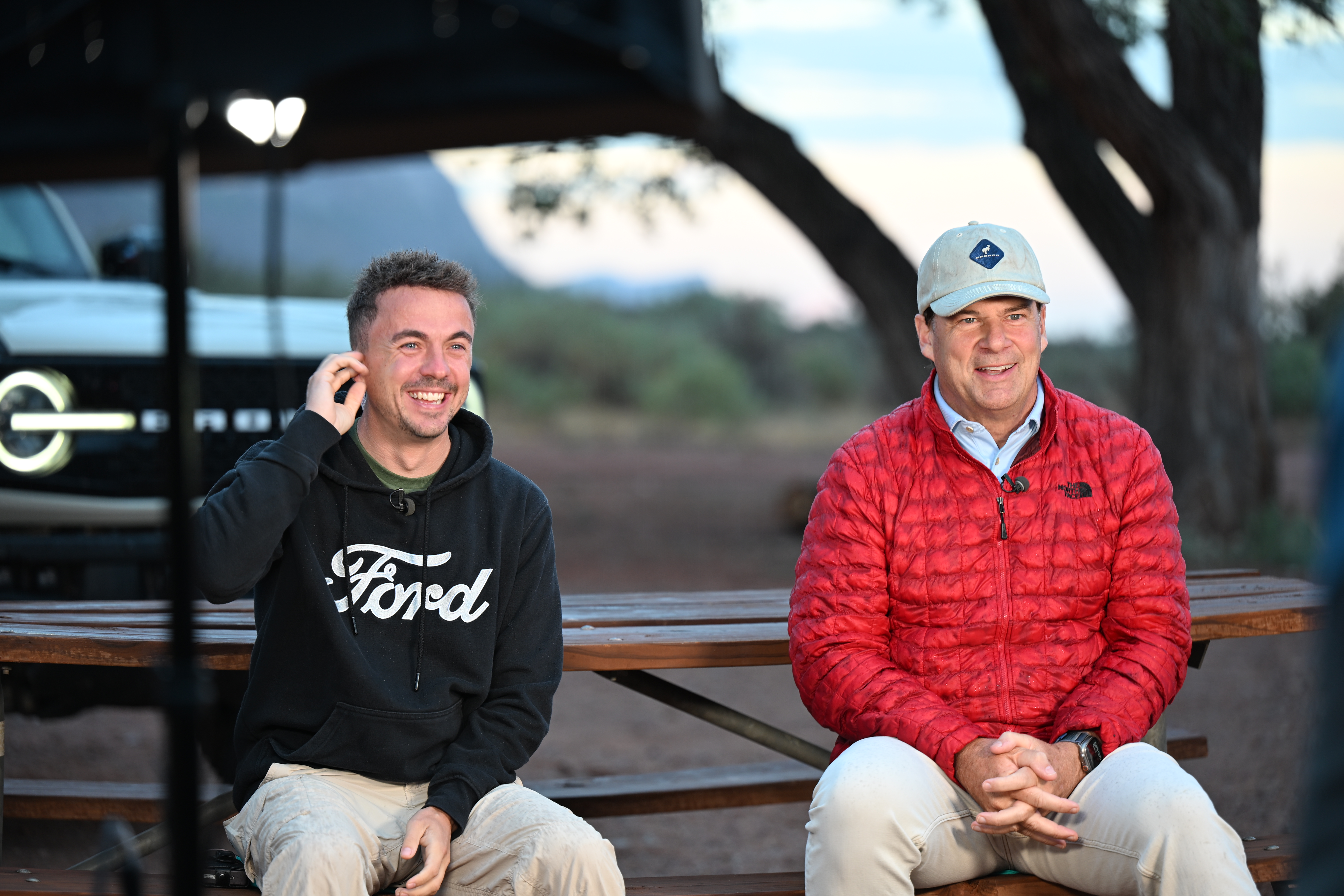Jim Farley and Frankie Muniz prepare for their early interview with Fox & Friends.