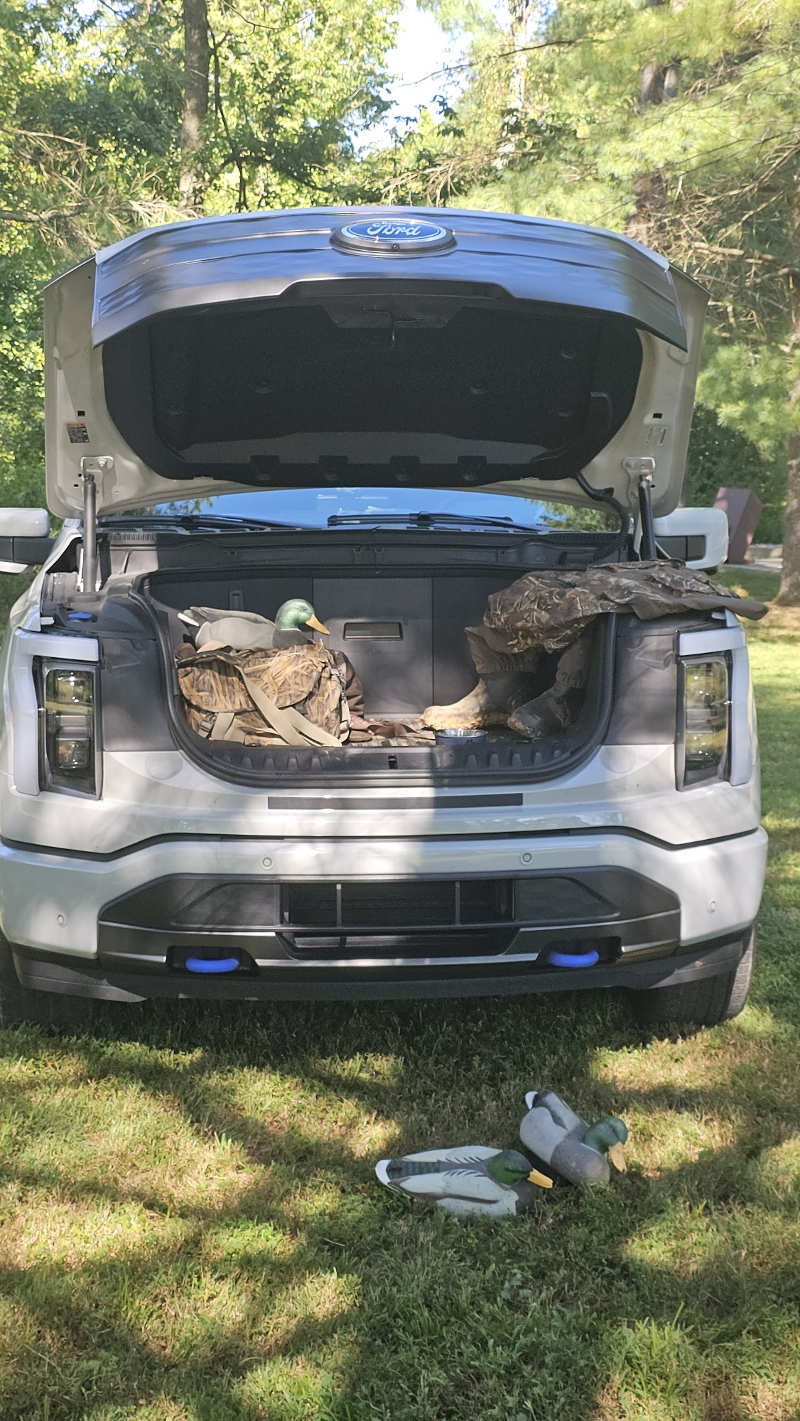 Kentucky hunter Tony Baudino finds comfort for himself and his dog in the F-150 Lightning while hunting.