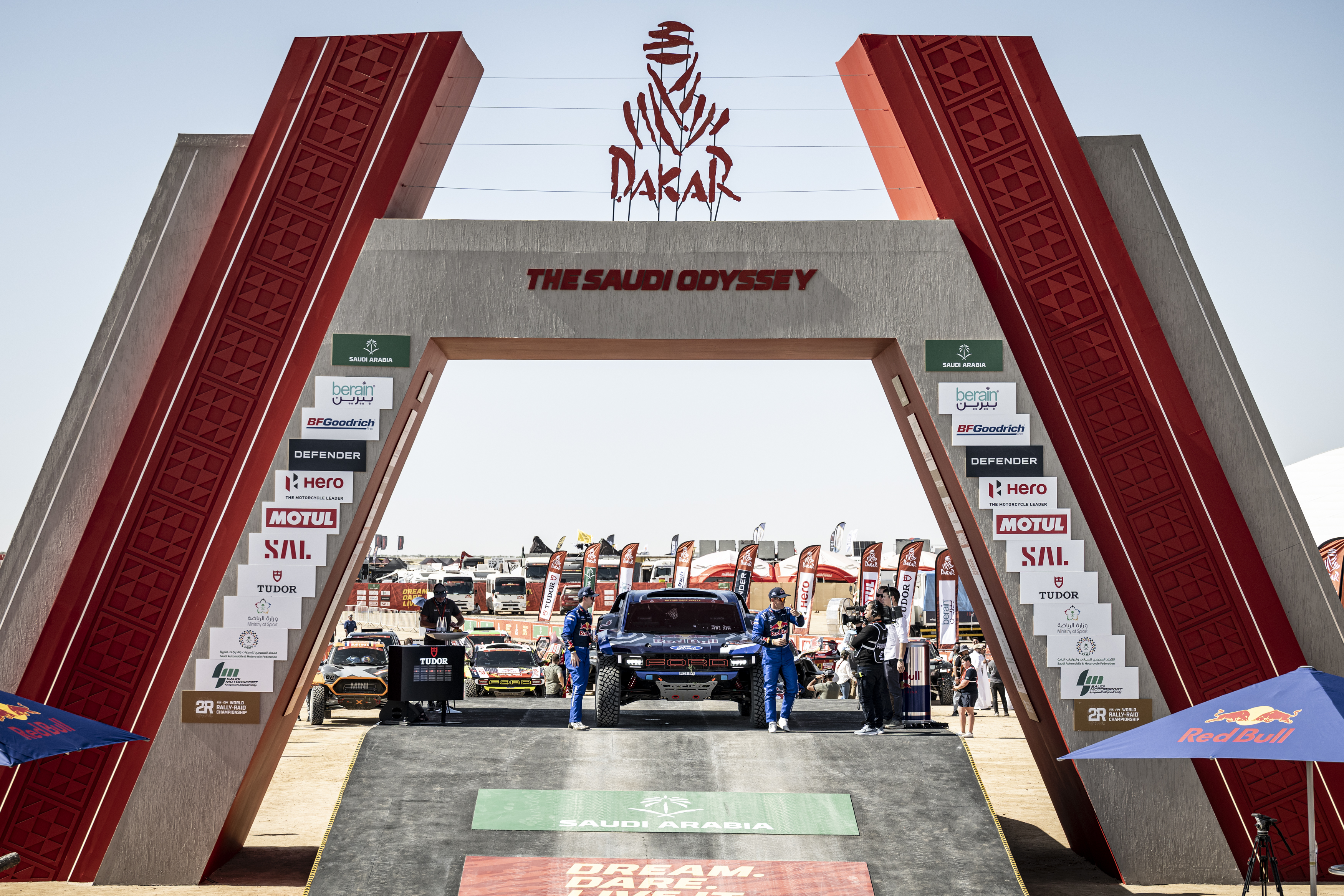 Mattias Ekstrom reaches the finish line in a Ford Racing vehicle, taking first in the Prologue at Dakar.