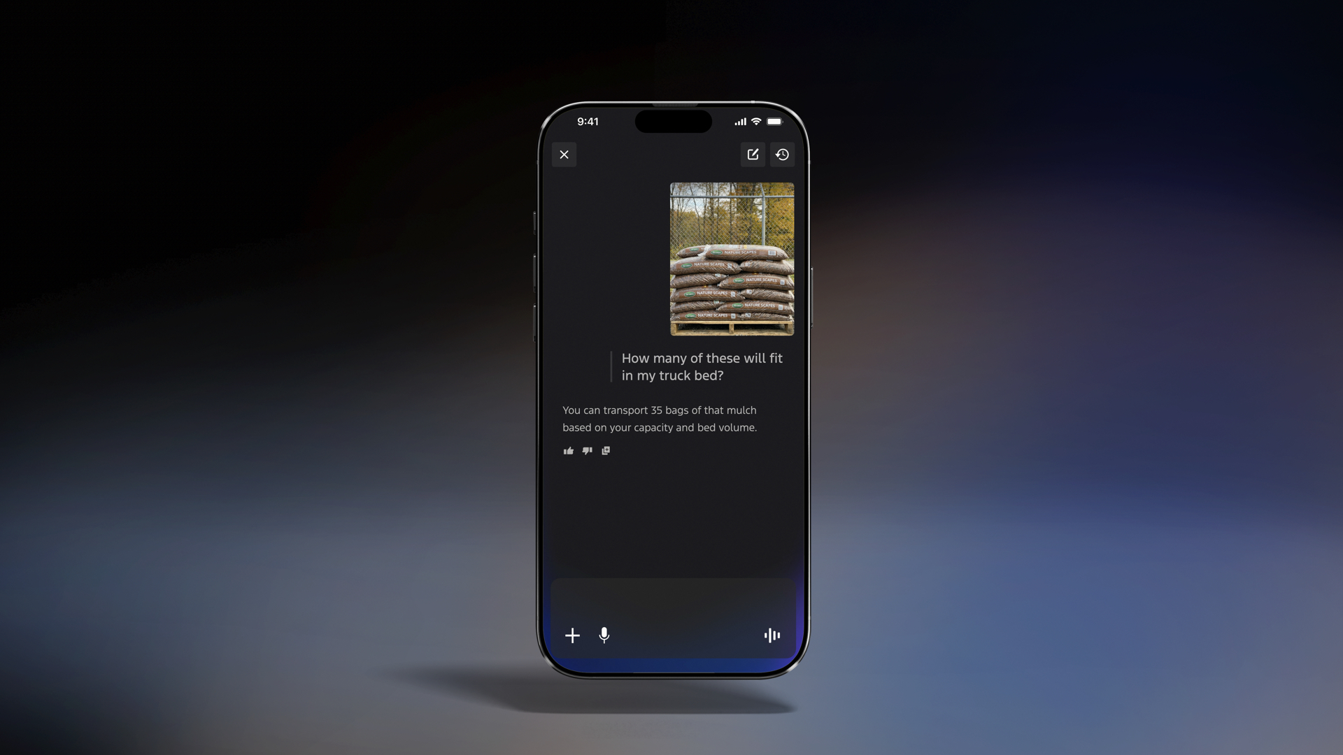 A phone screen displays a conversation with an AI bot, asking how many bags of mulch will fit in the truck bed.