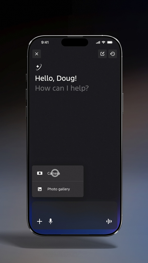 A phone screen displays a greeting from an AI bot.