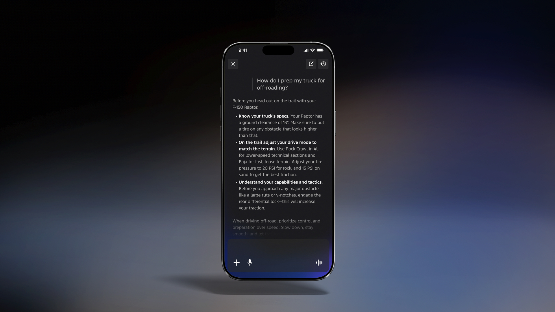 A phone screen displays an AI bot's answer to the prompt, "How do I prep my truck for off-roading?"